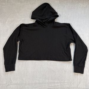 Hollister Women's Small Black Ribbed Cropped Hoodie Sweatshirt Soft Stretch
